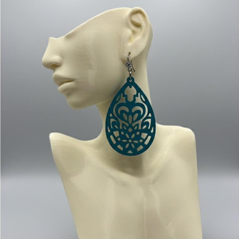 Teal Blue Laser Cut Teardrop Earrings 2in